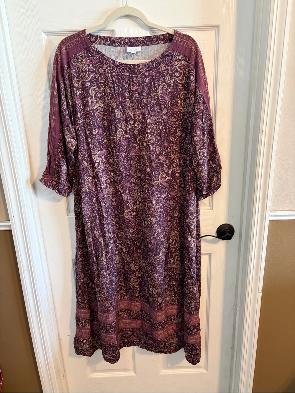 Pure Jill Boho Paisley Midi Dress L Balloon Sleeve Purple Plum Pockets